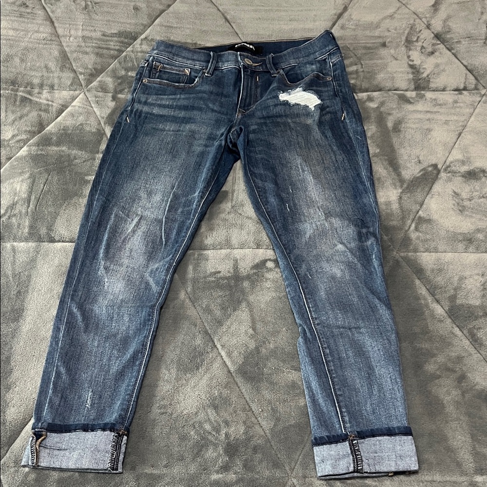 Express Dark Blue Distressed Boyfriend Jeans